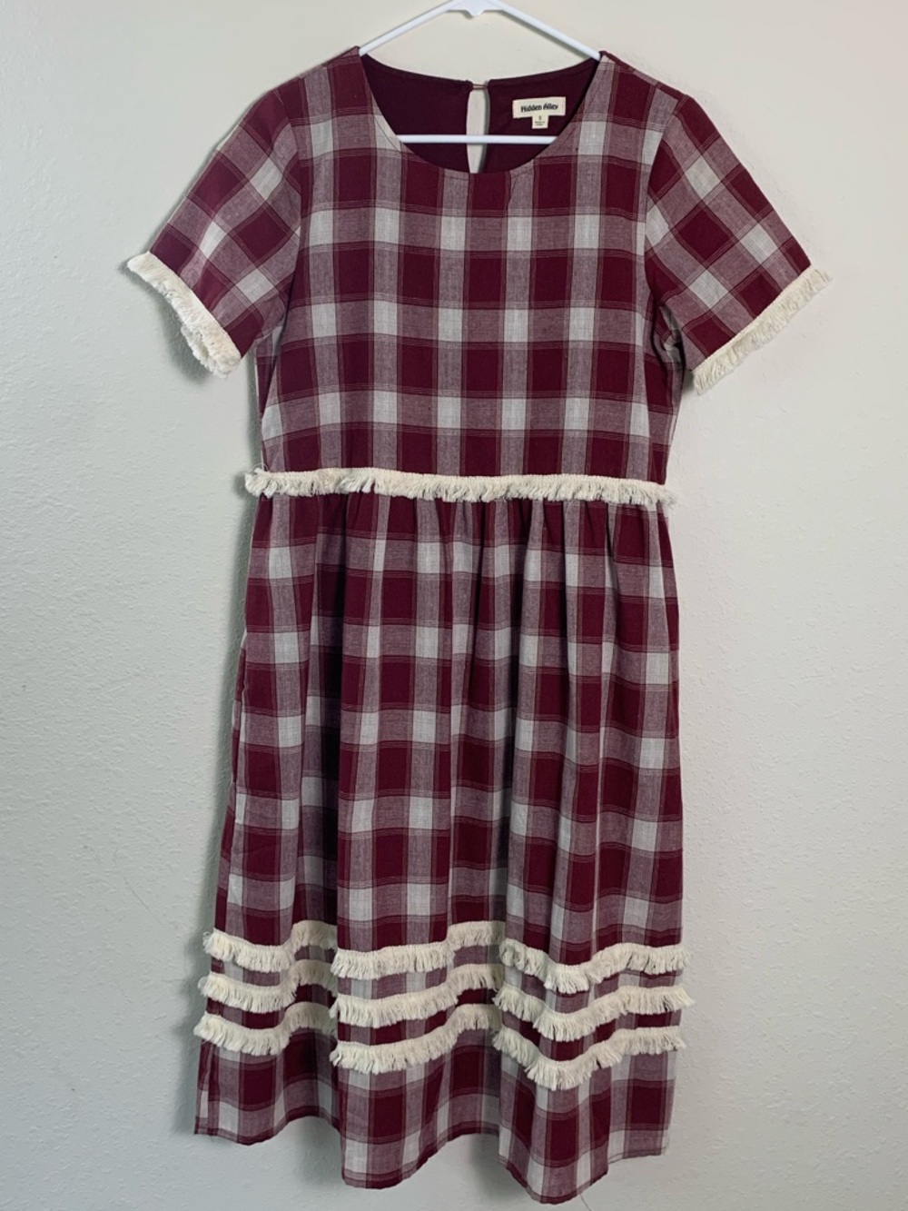 Hidden Alley Burgundy‎ Plaid Fringe Trim Dress Small Boho Chic Cottage Core